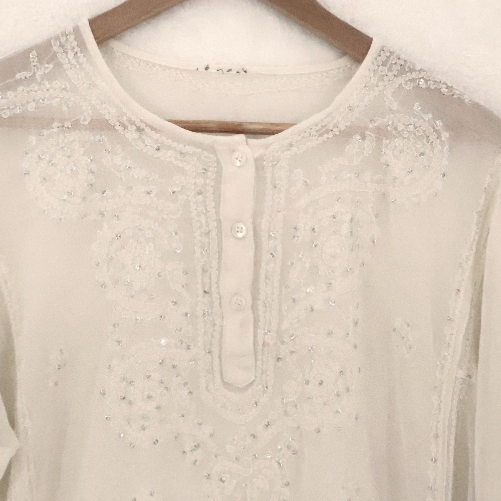 Boho Embroidered Sequin Chiffon Sheer Tunic Top Womens Size L Cream Festival - Picture 2 of 9